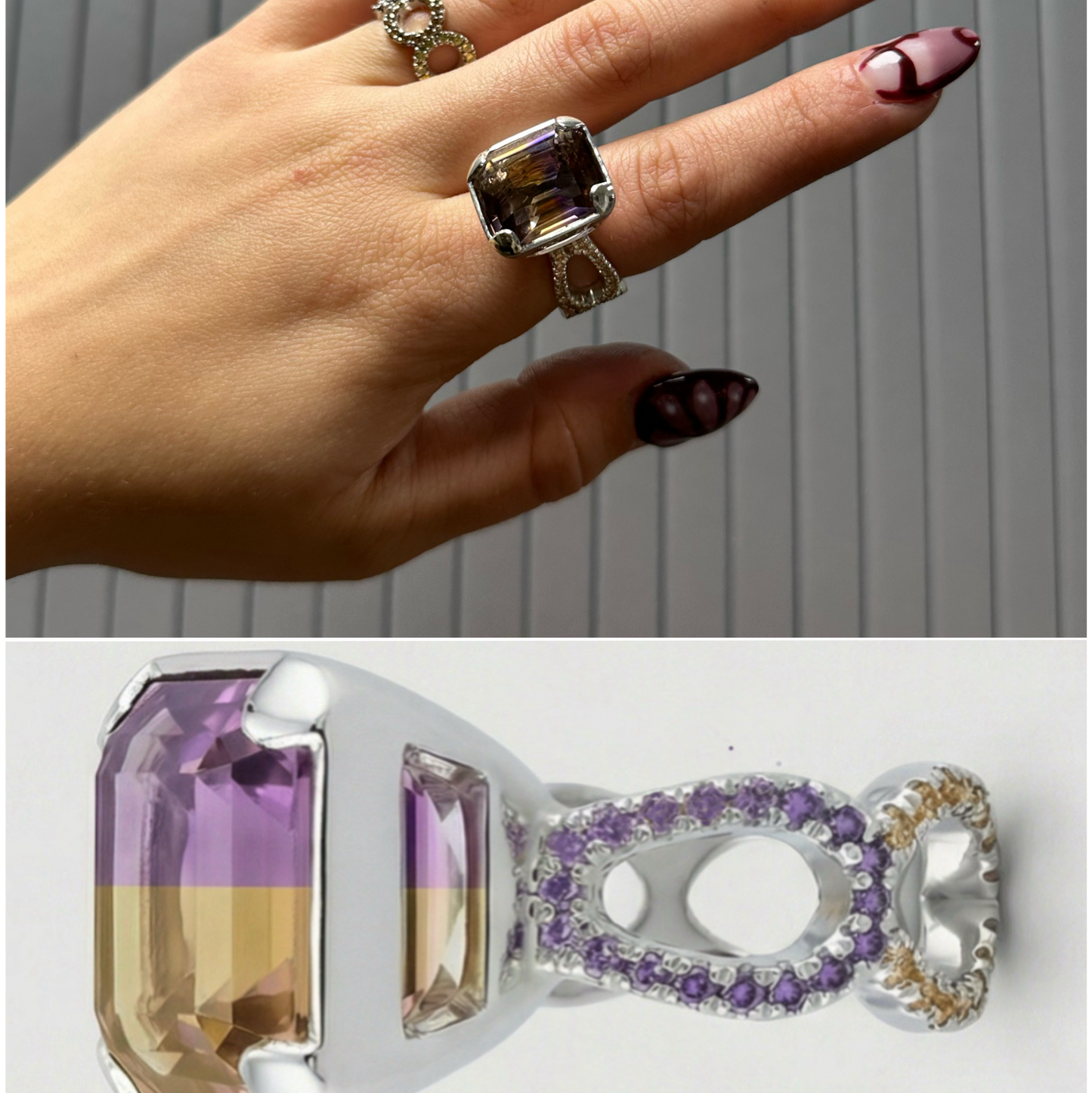 Hand wearing a ring with a purple gemstone against a neutral background