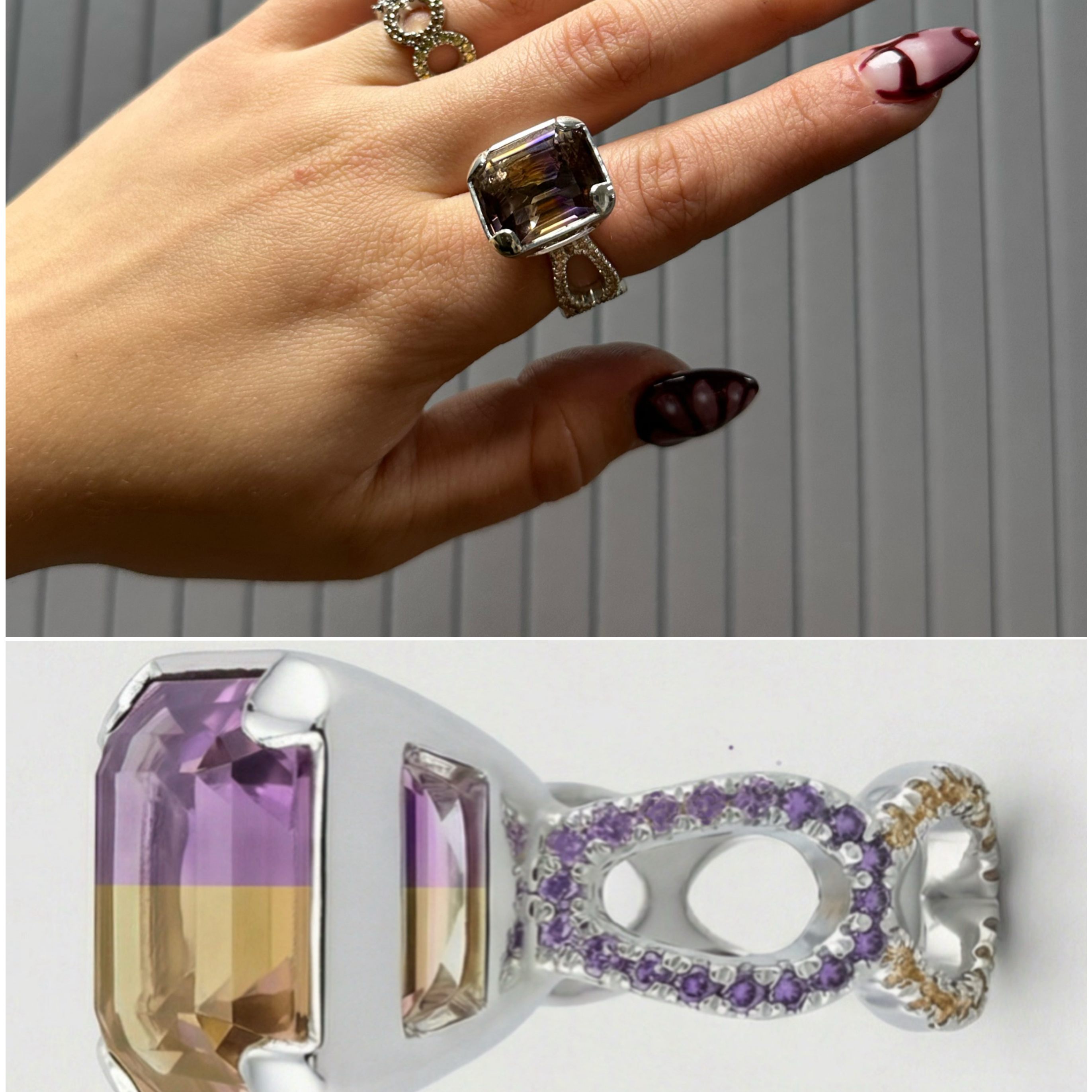 Hand wearing a ring with a purple gemstone against a neutral background